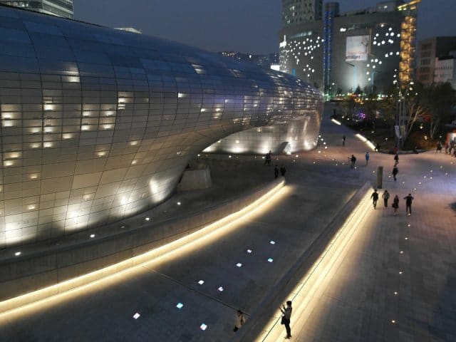 The Dongdaemun Design Plaza at night in Seoul, South Korea