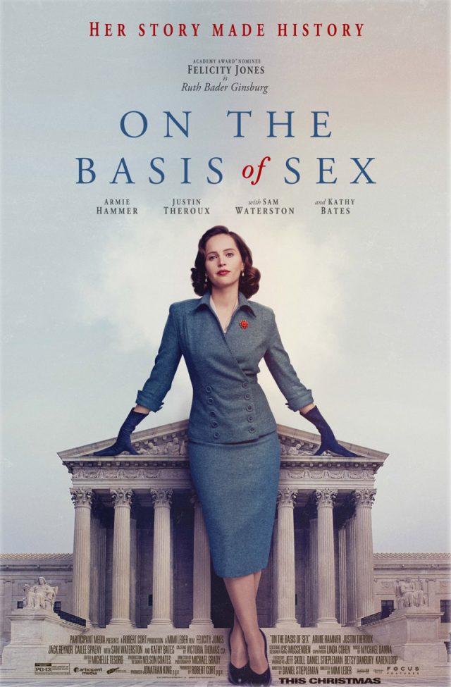 Movie poster for On the Basis of Sex. Her Story Made History. Academy Award Nominee Felicity Jones is Ruth Bader Ginsburg