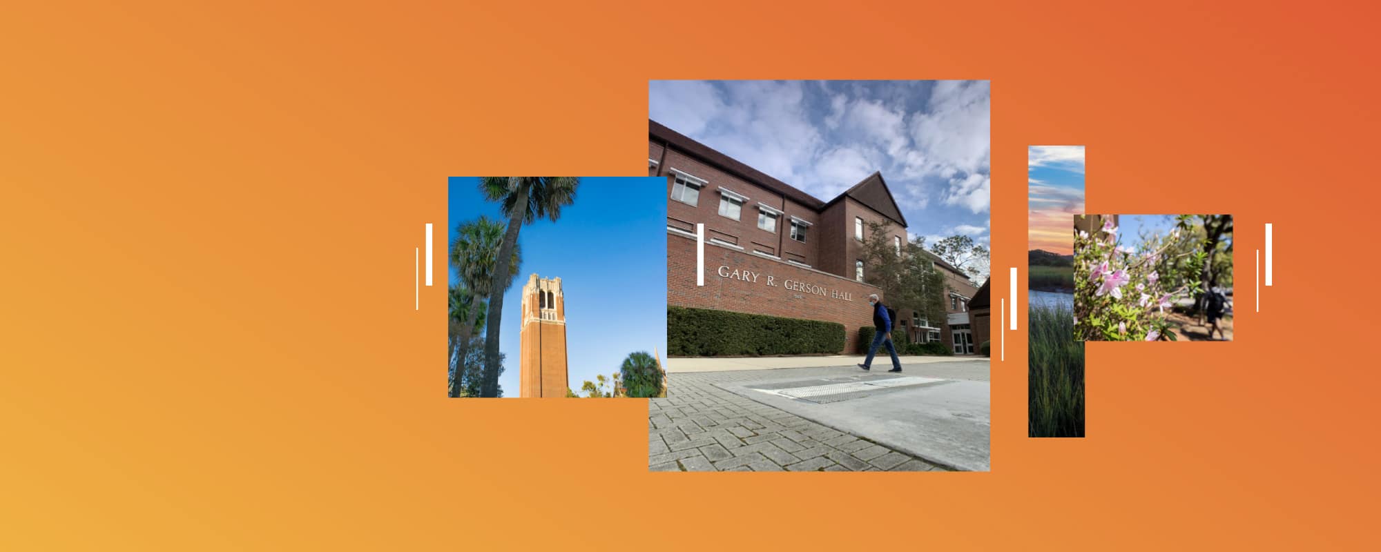 Orange background with images of campus including large tower, Gerson Hall.